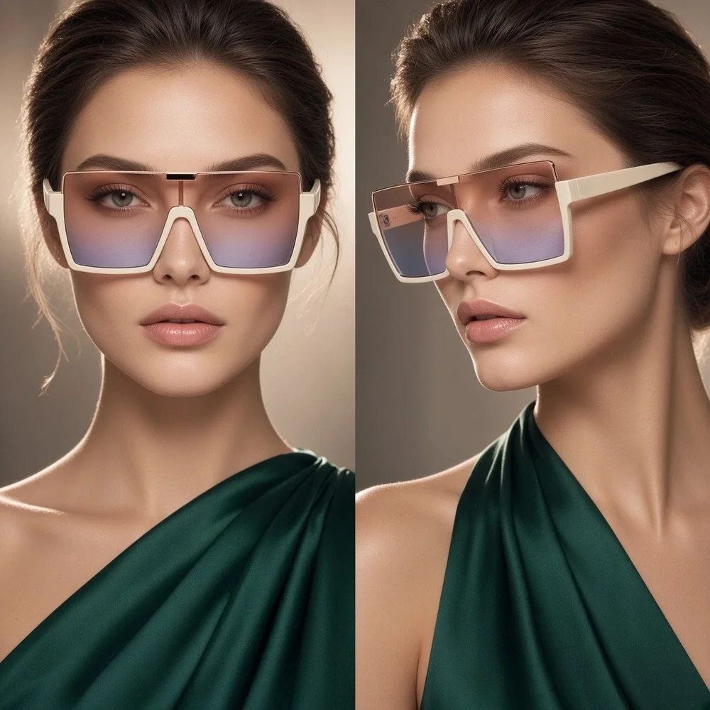 Oversized Square Shield Sunglasses Cream Frame Orange Purple Gradient Lens Women